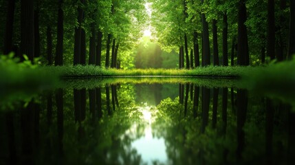 A peaceful scene of a serene forest pond surrounded by towering trees.