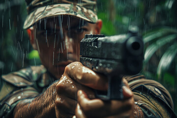 Leinwandbilder - Generated with AI photo of confident soldier fighting battlefield