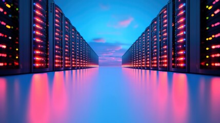 Poster - Rows of server racks glowing with light in a modern and highly secure data center.