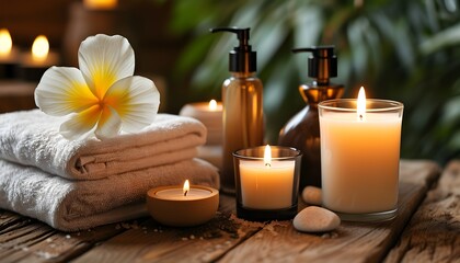 Wall Mural - Tranquil spa still life featuring soft towels and flickering candles atop a rustic wooden table