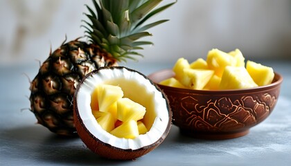 Tropical delight of halved coconut beside a vibrant bowl brimming with juicy pineapple chunks