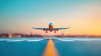 Wall Mural - A wide shot of a runway with airplanes taking off and landing, showcasing the excitement of travel.