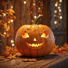 Carved Jack-o'-Lantern with Glowing Eyes and Smile on Rustic Wooden Background.