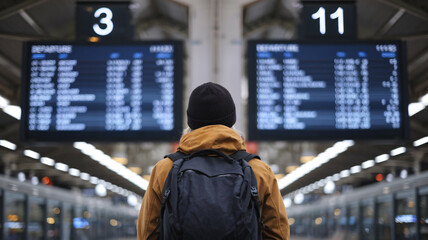 Fototapete - A man wearing a backpack stands in front of a large display of flight information. The man is waiting for a flight