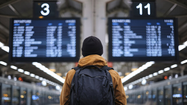 A man wearing a backpack stands in front of a large display of flight information. The man is waiting for a flight