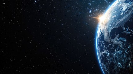 Wall Mural - blue sunrise over the earth in space, with stars and light effects on a black background.