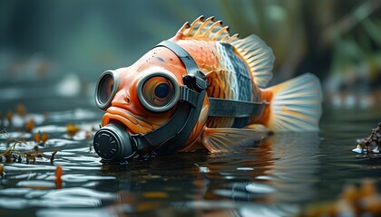 Fish wearing respirator mask in polluted waters symbolizing the urgent need for aquatic ecosystem protection