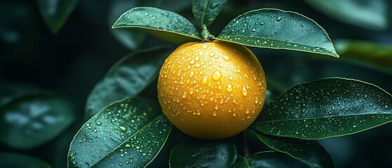 Wall Mural - A single, ripe orange fruit covered in water droplets hangs from a branch surrounded by lush, green leaves.