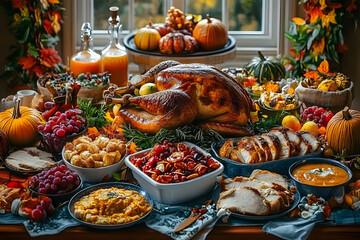 Canvas Print - A beautifully arranged Thanksgiving feast invites family and friends to gather and celebrate with delicious food and heartfelt wishes during the autumn season