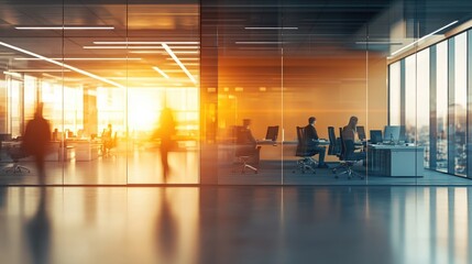 Wall Mural - A modern office interior with glass walls, blurred people working in the room.