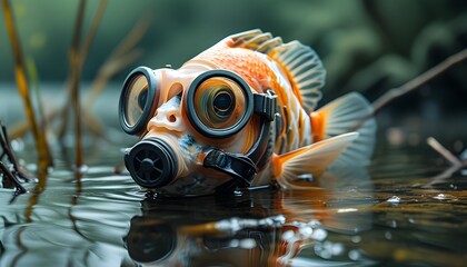 Wall Mural - Fish wearing respirator mask in polluted waters symbolizing the urgent need for aquatic ecosystem protection