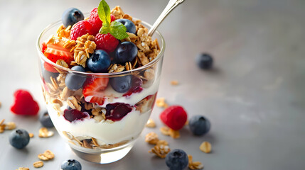 Canvas Print - Delicious Granola Parfait with Fresh Berries