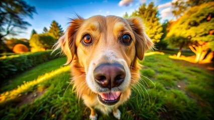 A delightful dog showcases bright eyes and a playful demeanor, posing in an outdoor scene, capturing the essence