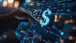 © Mark - Finger touching digital dollar sign on futuristic interface, symbolizing modern finance, online banking, financial technology, and economic investments with a focus on digital transformation.