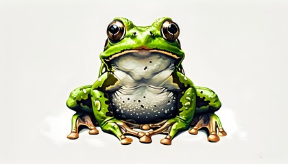 Wall Mural - Curious green frog with large eyes and spotted pattern seated against a clean white background