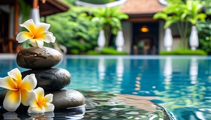 Tranquil spa stones and frangipani flowers reflecting serenity by the shimmering swimming pool