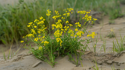 Poster - Vibrant Yellow Wildflowers Blooming on Sand Dunes