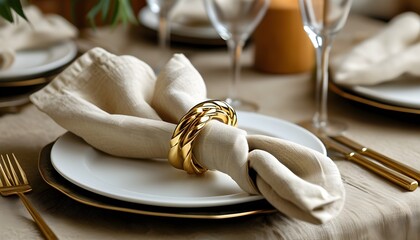 Elegant gold napkin ring with twisted design showcasing a beige linen napkin