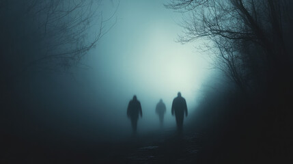 Wall Mural - Three people walking in a foggy forest