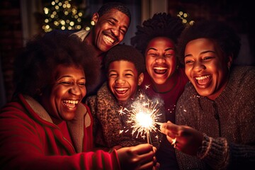 Wall Mural - African-American family christmas laughing portrait.