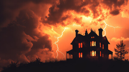 Wall Mural - Lightning splits the sky behind a silhouetted house, its shadowy outline framed by the sudden burst of light.