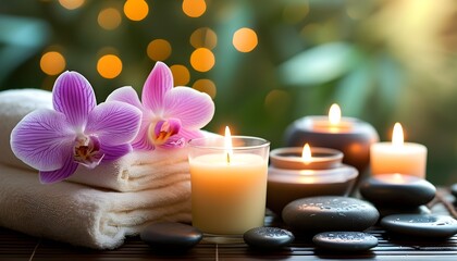 Wall Mural - Serene spa ambiance featuring candles, towels, and delicate orchids in a tranquil atmosphere