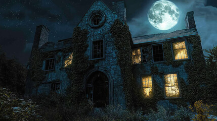 Wall Mural - An eerie haunted house with broken windows and walls tangled in ivy, bathed in the glow of a full moon.