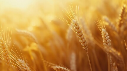 golden wheat field at sunset closeup of ripe ears of wheat swaying gently in the breeze warm light accentuates the texture and color of the grains