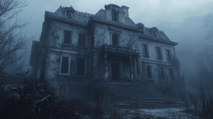 Wall Mural - An old haunted house with broken walls, boarded-up windows, and an eerie mist surrounding it.