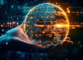 Poster - A hand holds a glowing globe surrounded by binary code and a digital world map showcasing global connectivity in technology