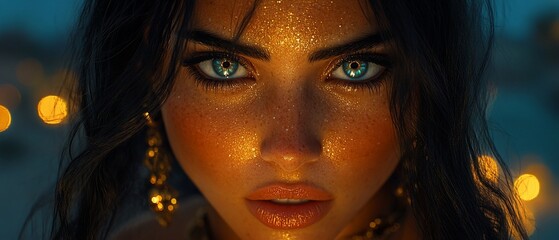 Wall Mural - Close-up of a woman with blue eyes and dark hair, lit by warm light.