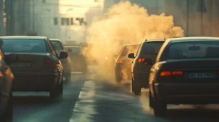 Car emitting exhaust in a traffic jam under a smog filled sky, symbolizing the environmental impact of urban transportation