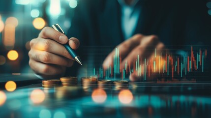 Poster - A business professional analyzing financial data while holding a pen and surrounded by coins in a modern office setting