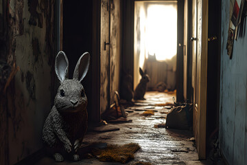 Wall Mural - Halloween haunted house, rabbit creatures, horror, jump scare