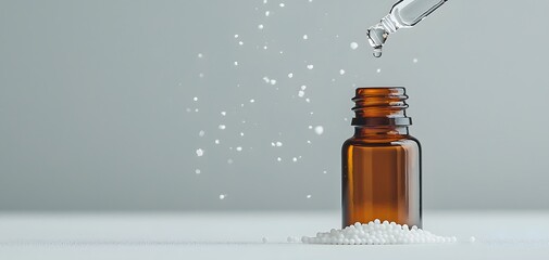 A brown dropper bottle releases a droplet of homeopathic liquid above white globules on a clear background, evoking purity and healing. Homeopathy Concept