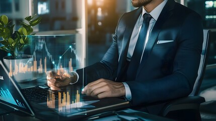 Wall Mural - A businessman analyzes financial data on his laptop.