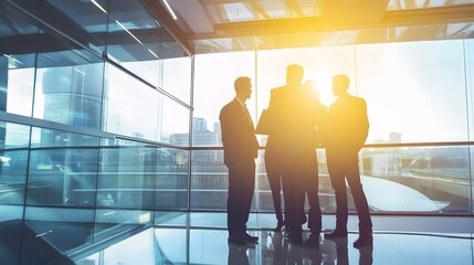 Poster - Silhouettes of four men in business attire stand by a window overlooking a cityscape.