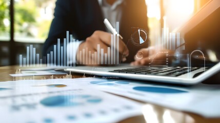 Poster - Close-up of a person's hands working on a laptop with financial graphs overlayed.