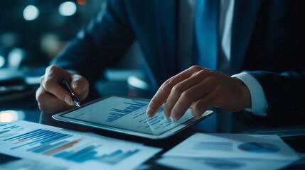Poster - Business professional analyzing financial data on a tablet in a modern office during evening hours