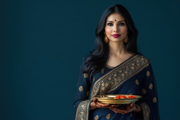 Wall Mural - Portrait of Indian woman in deep navy blue saree with intricate gold embroidery, standing with a Diwali tray, with a navy blue to dark teal gradient glowing backdrop, Indian traditional Diwali 