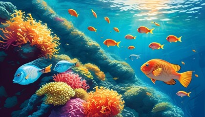 Vibrant underwater scene featuring tropical coral reef fish in a colorful marine ecosystem created by Generative AI