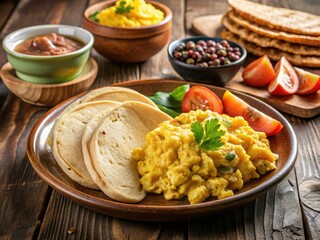 A morning staple of Honduran cuisine, this hearty dish combines fluffy scrambled eggs, creamy refried beans, crispy tortillas, and sweet fried plantains.