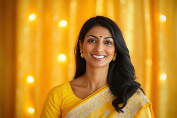 Wall Mural - Portrait of Indian woman in golden yellow saree with delicate embroidery, welcoming guests with a warm smile, with a yellow to soft gold gradient glowing backdrop, Indian traditional Diwali festival