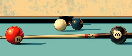 Image shows billiards table with green cloth, 4 pool balls (1 red with black stripe, 3 white - 2 black striped, 1 dotted), 2 cherry wood cues positioned on table.