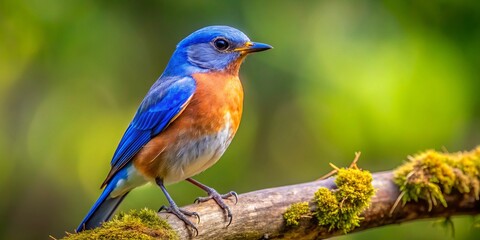 Wall Mural - Colorful bluebird perched on a branch amidst a gentle, blurred background, beautifully illustrating its woodland