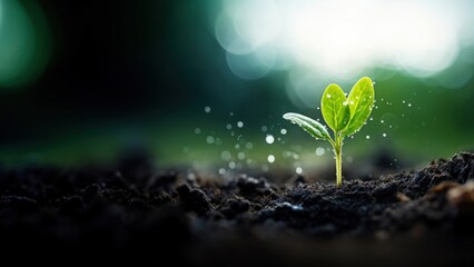 photo of water drop on newly planted sprout, close up shoot.
