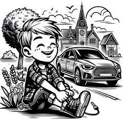 Wall Mural - happy boy with car