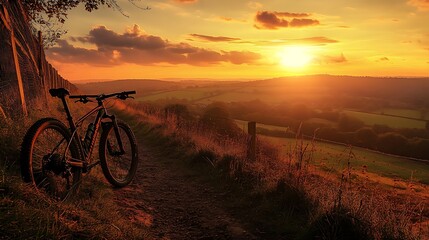 Wall Mural - a mountain bike rests on a dirt path overlooking a valley at sunset.