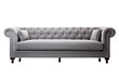 © Oratai - Elegant gray fabric sofa with tufted backrest and armrests on a white background,