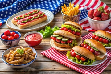 A table set for a 4th of July celebration features grilled hot dogs, juicy hamburgers, refreshing watermelon, and patriotic-themed desserts for a festive atmosphere.